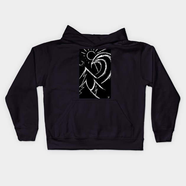 mountains at night on one side, the sunny beach with surf on the other white lines black background Kids Hoodie by JDP Designs